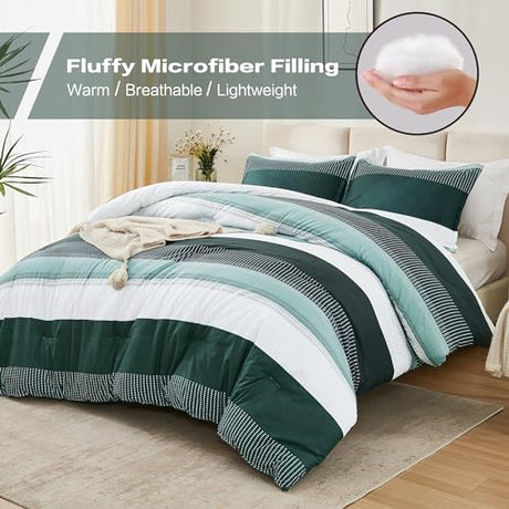 Litanika Dark Emerald Green Bed Comforter Twin/Twin XL Set, 2 Pieces Twin Extra Long Size Boys Men Forest Bedding Set, Single Colorblock Striped Bed Set Litanika