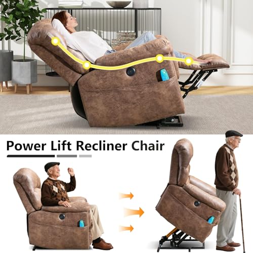 HAOMARKETS Oversized Power Lift Recliner with Massage and Heat for Elderly, Faux Leather Electric Lifting Reclining Chair with Side Pockets and USB Port for Living Room, Brown