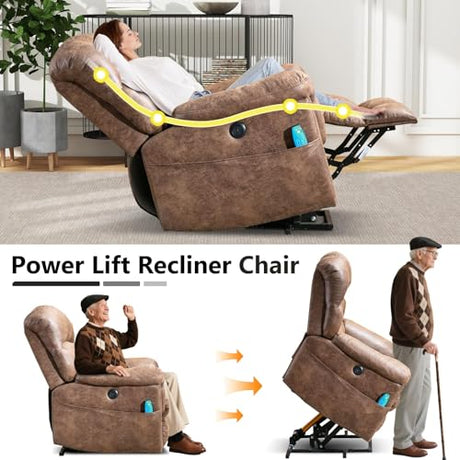 HAOMARKETS Oversized Power Lift Recliner with Massage and Heat for Elderly, Faux Leather Electric Lifting Reclining Chair with Side Pockets and USB Port for Living Room, Brown HAOMARKETS
