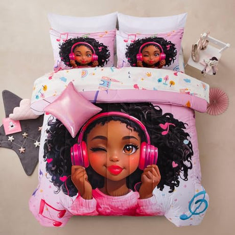 A Nice Night Pink Comforter Sets, Girl Winking Listening Music Printed, 6Pcs Bed in A Bag Twin Size All Seasons Bedding Set,for Kids, Girls A Nice Night