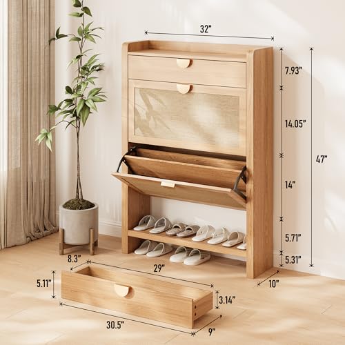 INNOD Rattan Shoe Storage Cabinet, Shoe Organizer with 2 Flip Drawers, Narrow Shoe Cabinet, Free Standing Hidden Shoe Storage, Shoe Rack for Entryway/Hallway/Closet, Natural Oak INNOD