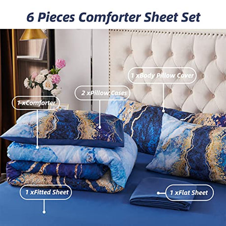 PERFEMET Watercolor Marble Pattern Comforter Sets Blue Tie Dye Bedding Set King Size 3D Printing Bed-in-A-Bag, Stylish Retro Artwork Quilt Set Durable Soft Bed Collections 6 Pieces(Blue,King Size) PERFEMET