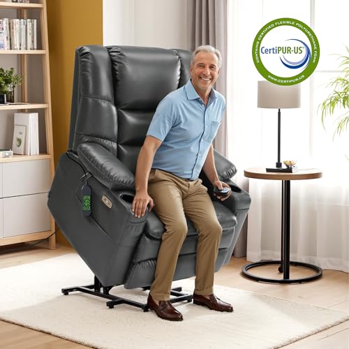 MCombo Big Man Power Lay Flat Lift Chair, Oversized Triple Motor Power Lift Recliner with Massage & Dual Heating, Adjustable Headrest, Faux Leather R7635 (Dark Grey, Large-Oversize)