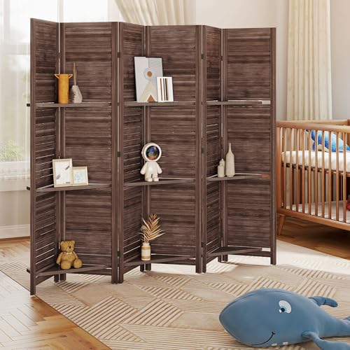 HOMCOM Room Divider, 6 Panel 67" Tall Wood Privacy Screen with 3 Display Shelves, and Folding Storage for Bedroom or Home Office, Walnut HOMCOM