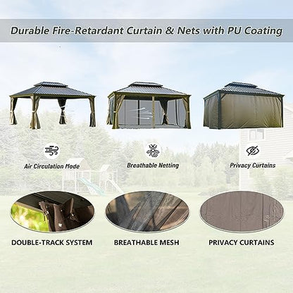 12' x 16' Hardtop Gazebo Outdoor Aluminum Gazebos Grill with Galvanized Steel Double Canopy for Patios Deck Backyard,Curtains&Netting by domi outdoor living Brown - WoodArtSupply