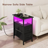 Vagusicc Set of 2 Black Nightstand with Charging Station and LED Lights, Narrow Side Table, LED Night Stand with 2 Fabric Drawers, Bedside Table Small End Table, Tall Nightstand for Bedroom, Black Vagusicc