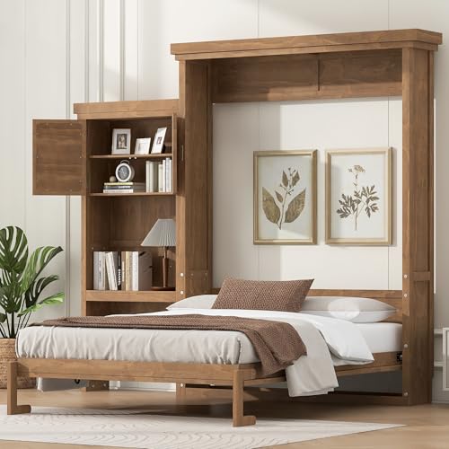 Merax Queen Size Murphy Bed with Storage, Solid Wood Hidden Wall Bed Frame with Cabinets, Farmhouse Murphy Bed Fame, Can Be Folded into a Cabinet, No Box Spring Needed, Wood Color Merax