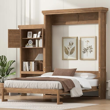 Merax Queen Size Murphy Bed with Storage, Solid Wood Hidden Wall Bed Frame with Cabinets, Farmhouse Murphy Bed Fame, Can Be Folded into a Cabinet, No Box Spring Needed, Wood Color Merax