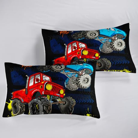 QOOMO Truck Comforter Set for Kids Teens Boys,Cars Kids Comforter,1 Comforter with 2 Pillowcase, Microfiber 3 Piece Bedding Set,Soft and Lightweight(Black，Full Size) QOOMO