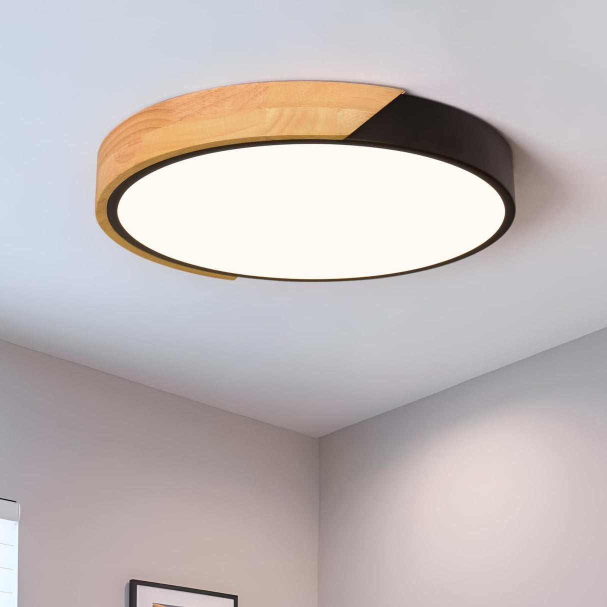 Vikaey Modern LED Ceiling Light, Minimalist Wood Flush Mount Ceiling Light Fixture, 4000K Not Dimmable, Circle Lighting Lamp with Acrylic Lampshade for Bedroom Laundry Room Hallway (Black,11.8") Vikaey