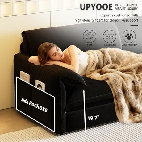UPYOOE 63.8" Futon Sofa Bed Queen Size, Pull Out Bed, 3-in-1 Convertible Sleeper Sofa with Side Pocket, Modern Velvet Futon Couch for Living Room, Small Space, Apartment, Bedroom, Black UPYOOE
