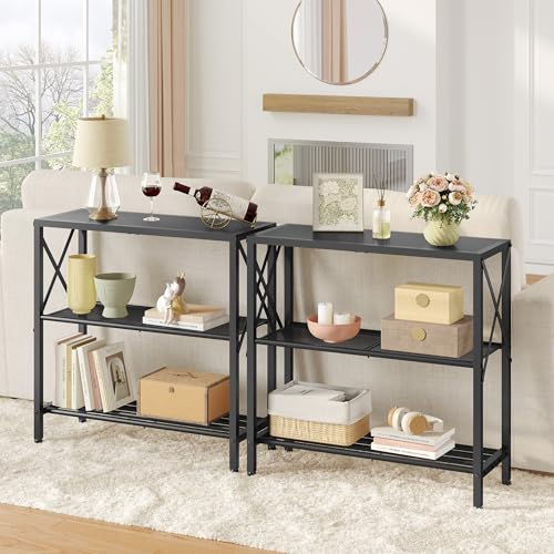 Hoctieon Industrial Console Table, 3-Tier Entryway Table, Metal Frame, Sofa Tables with Shelf, Hallway Desk, Entrance Desk for Entryway, Living Room, Foyer, Hallway, Black Hoctieon