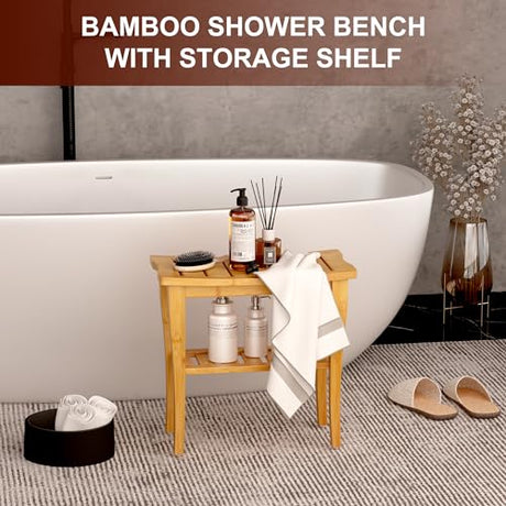 oridom Bamboo Shower Bench Stool with Storage Shelf, Waterproof Shower Chair Spa Bath Seat, Shower Stool for Inside Shower, Bathroom Bench Seat for Adults Elderly Seniors for Indoor or Outdoor Use oridom