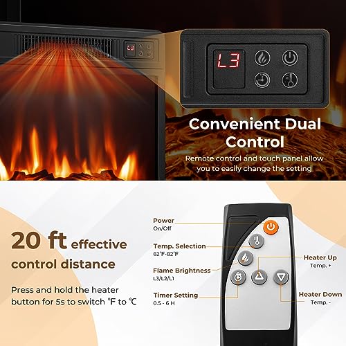 COSTWAY Electric Fireplace TV Stand for TVs Up to 65 Inches, 18-inch Fireplace Insert with APP Control, Remote Control, 16 Color Lights, Wooden Entertainment Center with Adjustable Shelves, Brown COSTWAY