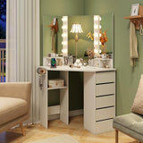 COSTWAY Corner Vanity Desk with Mirror and Lights, Modern Dressing Table with Charging Station, 5 Storage Drawers for Small Space, Bedroom Makeup Vanity Desk for Women, Teen, Girls (White) COSTWAY