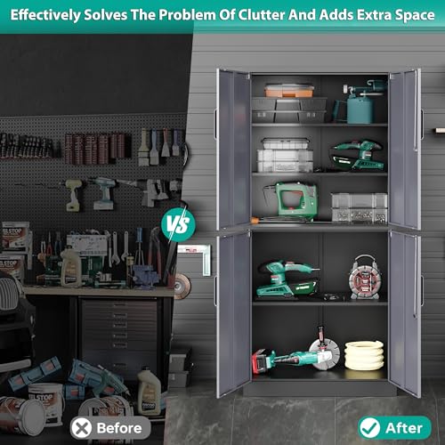 Metal Storage Cabinets With Doors And Shelves,71" Metal Garage Storage Cabinet with Lock,Metal Cabinet with Locking Doors,Steel Pantry Cabinet 4 Doors,Lockable Storage Cabinet for Garage,Home,Office SISESOL