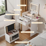 KDCAS 3 in 1 Small Vanity Desk with Flip Top Mirror and Lights| 20" Compact Makeup Vanity Set with Hidden Storage Stool & 2 Drawers| Mini Dressing Table for Bedroom(White) KDCAS