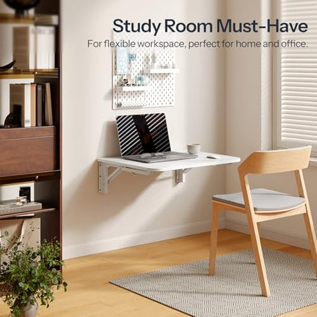 HOOBRO Folding Table, Wall Mounted Desk, Floating Wall Desk with Iron Bracket, Drop Leaf Table for Small Spaces, for Kitchen, Laundry Room, Home, Office, White WT054BZ01 HOOBRO