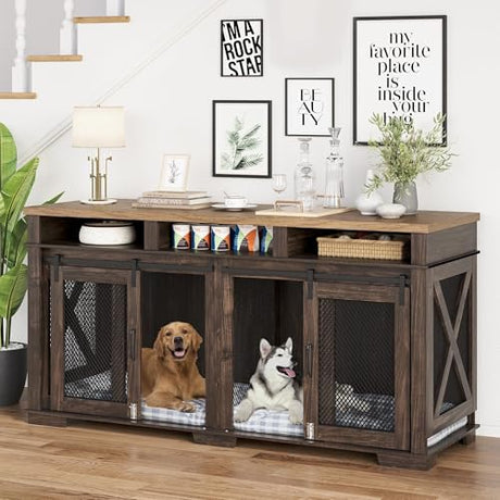 71'' Large Dog Crate Furniture for 2 Dogs, XXL Double Door Indoor Wooden Kennel with Removable Divider & Sliding Barn Door, 3-Drawer TV Stand End Table for Medium & Large Dogs ﻿ PeacefulHues