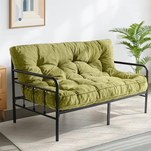 MAXYOYO 6" Futon Mattress Full Size, Tufted Futons Sofa Couch Bed with Twisted Rope Design Edging, Thick Corded Fabric Floor Mattress for Adults, Shredded Foam Filling (Frame Not Included), Green MAXYOYO