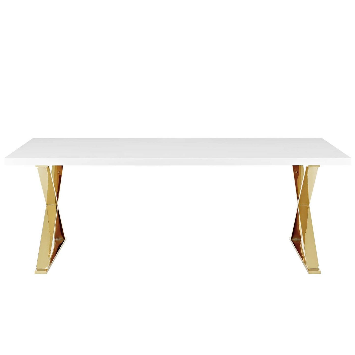 Modway Sector 87" Modern Dining Table with Gold Stainless Steel Metal X-Base in White Gold - WoodArtSupply