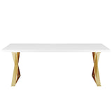 Modway Sector 87" Modern Dining Table with Gold Stainless Steel Metal X-Base in White Gold Modway