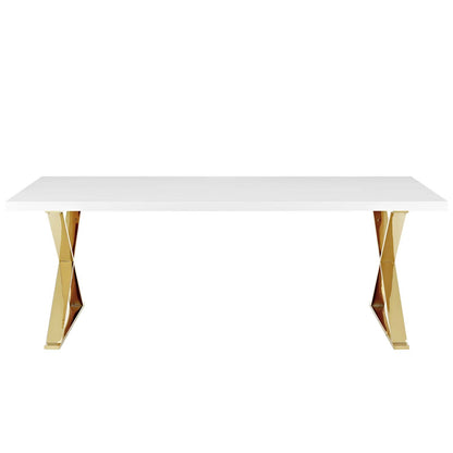 Modway Sector 87" Modern Dining Table with Gold Stainless Steel Metal X-Base in White Gold - WoodArtSupply