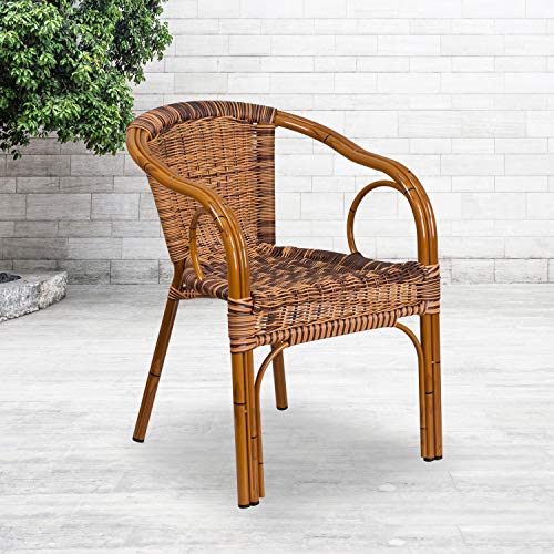 Flash Furniture Cadiz Series Dark Red Bamboo-Aluminum Indoor-Outdoor Restaurant-Patio Chair with Burning Brown Rattan Flash Furniture