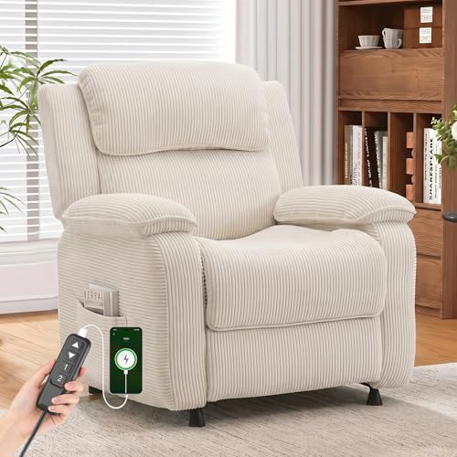 EROMMY Electric Recliner Chair, Oversized Power Recliner with USB Charging Port & Side Pockets, Heavy Duty Corduroy Reclining Sofa Chair, Wide Seat Living Room Chair for Adults, Beige