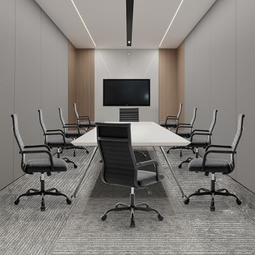 Haranuo Office Chair, Ergonomic Executive Conference Room Chairs, Ribbed Leather Desk Chair with Lumbar Support, Adjustable Height Mid-Back Swivel Chair with Padded Seat and Square Tube Armrests Haranuo