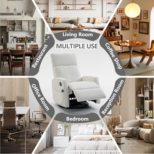 HRVEOCEI Small Recliners for Small Spaces, Manual White Recliner Rocking Chair for Nursery, Velvet Swivel Glider Recliner with Heat and Massage, Side Pockets, Living Room Bedroom (Light White)