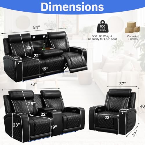 Saxum Tegmen 3 Pieces Power Reclining Sofa Set, Leather Recliner Couch Sets for Living Room Furniture, Sectional Sofa with LED Lights for Home Theater/Living Room/Office (Black, 3PCS Set)