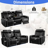 Saxum Tegmen 3 Pieces Power Reclining Sofa Set, Leather Recliner Couch Sets for Living Room Furniture, Sectional Sofa with LED Lights for Home Theater/Living Room/Office (Black, 3PCS Set)