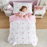 CotComf Toddler Bedding Set for Girls 4-Piece Pink Boho Tufted Daisy Flowers Toddler Comforter Sheets Set Bed-in-a-Bag Toddler Bedroom Set with Comforter, Flat Sheet, Fitted Sheet, Pillowcase CotComf