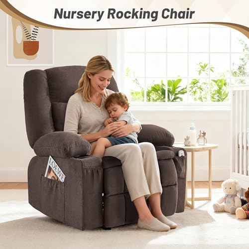 Rocker Recliner Chair with Massage and Heat, Nursery Rocking Chairs for Living Room, Ergonomic Comfy Relining Chair with Cup Holders, USB Charge Port, Side Pockets, Recliner Sofa, Brown