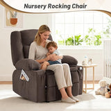 Rocker Recliner Chair with Massage and Heat, Nursery Rocking Chairs for Living Room, Ergonomic Comfy Relining Chair with Cup Holders, USB Charge Port, Side Pockets, Recliner Sofa, Brown