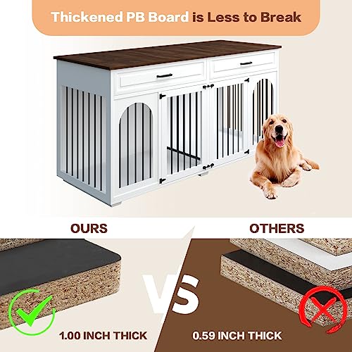 IKISSLIFEEL Large Dog Crate Furniture,74.8" Wooden Double Dog Crates Furniture Style for 2 Large Dogs,XXL Heavy Duty Dog Kennel Furniture Indoor with Divider and 2 Drawers,White - WoodArtSupply