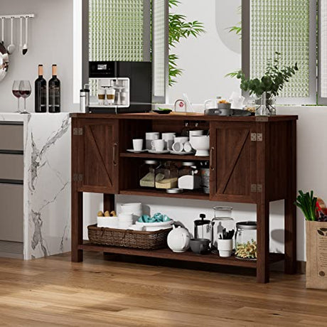 Giantex Buffet Sideboard, Farmhouse Wood Cupboard w/ 2 Storage Cabinets & 2-Tier Open Shelf, Spacious Countertop, Adjustable Shelves, Anti-Tipping, for Kitchen Living Room (Brown) Giantex