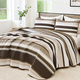 WONGS BEDDING Quilt Set Queen Size, Brown Striped Pattern Bedspread,Lightweight Summer Coverlet Bedding Set for Bed 96"x90" WONGS BEDDING