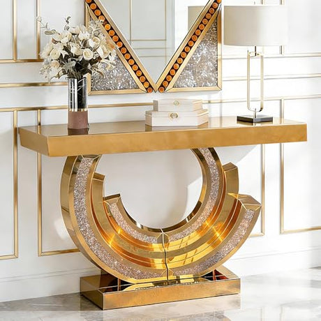 Goujxcy Brown Mirrored Console Table Luxury Entryway Table with Crystal Diamond Base, Sparkling Glass Accent Sofa Table for Entryway/Foryer/Corridor/Living Room (42.9" L x 11.8" W x 31.5''H) Goujxcy