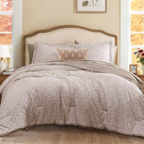 Queen Comforter Set - 7 Pieces Dark Brown Gauze Muslin Bedding Sets for All Seasons, Lightweight Breathable Bed in a Bag Queen with Revesible Farmhouse Comforter, Sheets, Pillowcases & Shams BLOOMHAVEN
