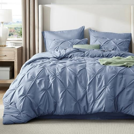 Bedsure Queen Comforter Set Slate Blue - Bed in a Bag Queen Size Bedding 7 Pieces, GentleSoft™ Pintuck Bed Set Gift for Family, Pinch Pleat All Season Comforter with Sheets, Pillowcases & Shams Bedsure