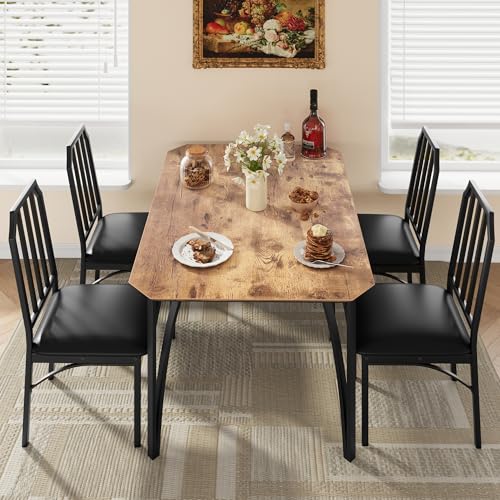 IDEALHOUSE Dining Table Set for 4, Kitchen Table Set of 4 with Upholstered Cushion Chairs, Dining Room Table Set with Kitchen Chairs, Easy to Assemble, Suitable for Apartment - (Rustic Walnut) IDEALHOUSE