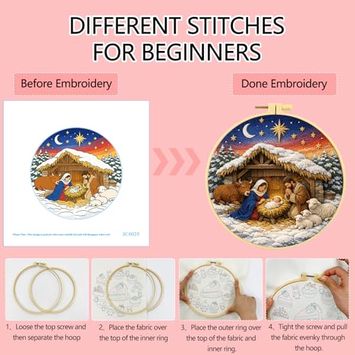 Zhenqing Nativity Embroidery Kit for Beginners, Pre-Printed 29x29cm Circular Cotton Fabric with 20cm Hoop, Christmas Nativity Scene Design for Holiday Decor (JC0025