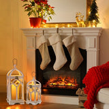 Staymoment Farmhouse Decorative Candle Lanterns Set of 2, Indoor Rustic Wooden Candle Holder for Table Centerpiece Fireplace Mantle, 12" & 16" Hanging Home Decor for LED & Real Candles, Whitewashed Staymoment