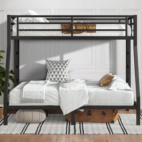 HKOLIE Twin Over Full Bunk Bed, Metal Bunk Bed Frame Heavy Duty Bunk Beds Loft Bed Frame with Ladder and Guardrail Metal Slats No Box Spring Required for Adults Teens, Black HKOLIE