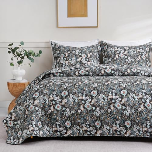 JSD Black Paisley Floral Quilt Set Twin Size, 2 Piece Printed Bedspreads Coverlet with Pillow Sham, Soft Microfiber Quilted Blanket JSD