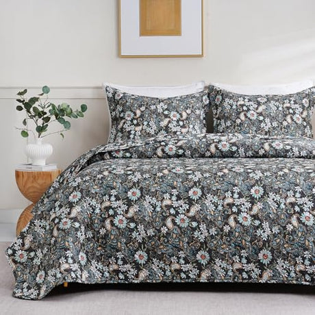 JSD Black Paisley Floral Quilt Set Twin Size, 2 Piece Printed Bedspreads Coverlet with Pillow Sham, Soft Microfiber Quilted Blanket JSD