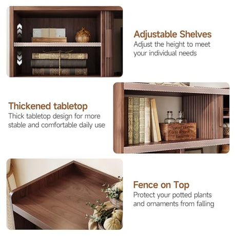 ONBRILL 44" Sideboard Buffet Cabinet with Outlet & 2 Open Storage Spaces, Fluted Sideboard Cabinet with Sliding Door & Adjustable Shelves, Mid-Century Accent Coffee Bar Console Table with Wooden Feet ONBRILL