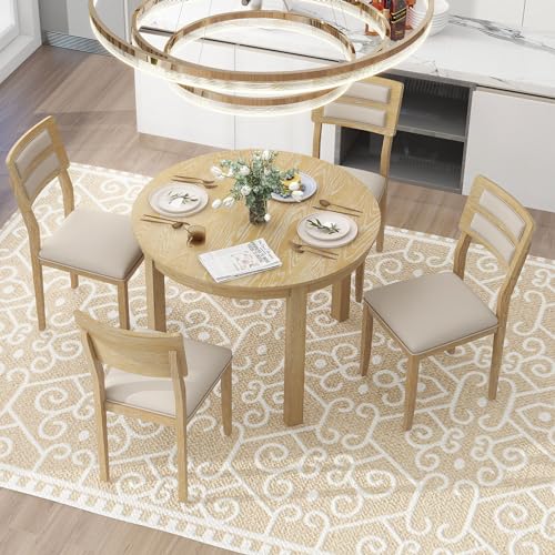 Merax Farmhouse Wood 5-Piece Multifunction Dining Set, 56 inch Extendable Round Table with Storage Drawers, 4 Upholstered Chairs for Kitchen, Natural Wood Wash - WoodArtSupply